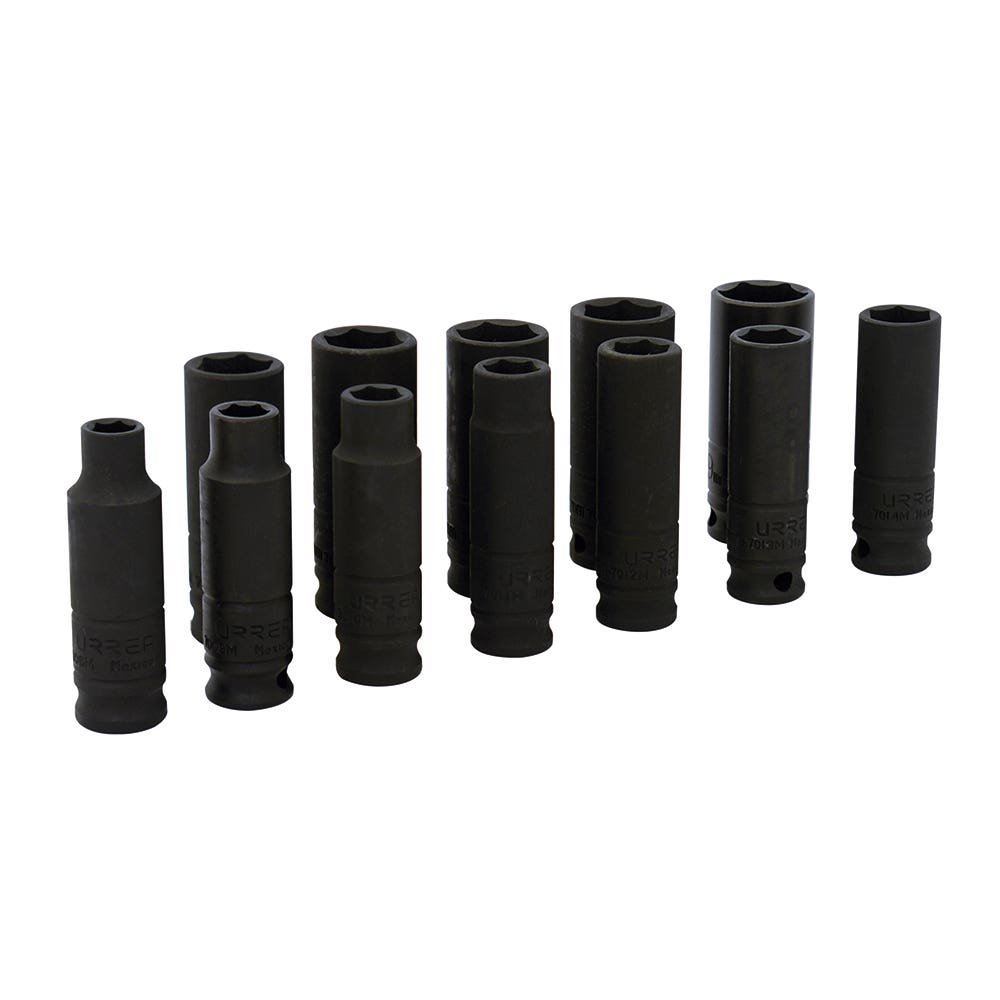 72212 JUEGO DE DADOS DE IMPACTO LARGOS CUADRO DE 3/8", 6 PUNTAS, MÉTRICOS, 11 PIEZAS URREA