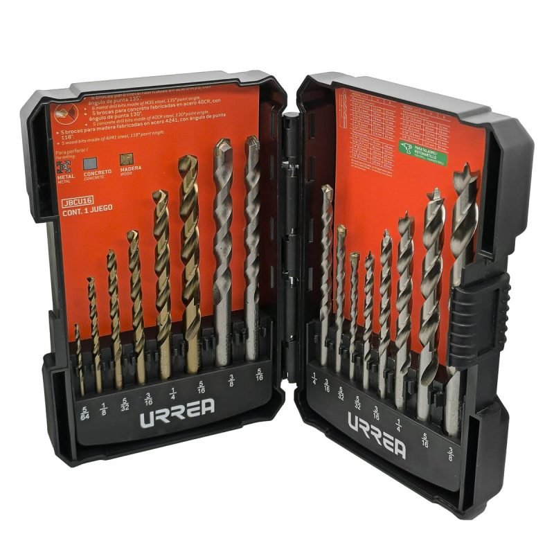 JBCU16 JUEGO COMBINADO DE BROCAS PARA METAL, CONCRETO Y MADERA, 16 PIEZAS URREA